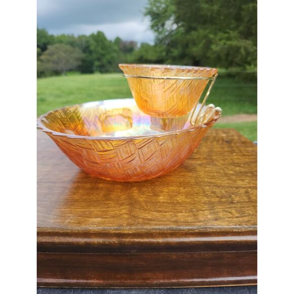 Indiana Glass Co Iridescent chip and dip bowl Golden tone 3 piece set NIB #2872 - Picture 2 of 5